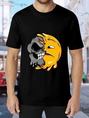Graphic Black Short Sleeve Tee with Yellow Skull-Sun Design